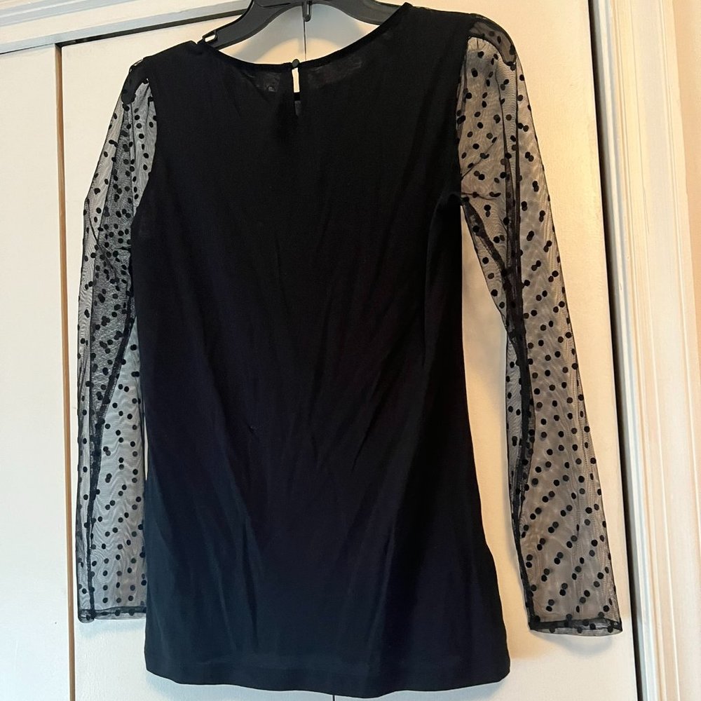 LOFT Black Blouse with Sheer Mesh Dotted Sleeves - Medium